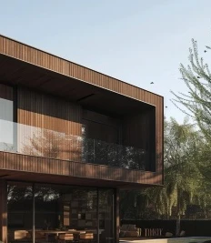 Contemporary home surrounded by trees